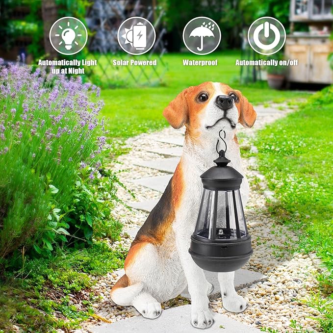 Garden Dog Statues Outdoor Decor, Solar Lights Outdoor Beagle Dog Statue Garden Decorations Solar Dog Ornaments for Patio, Lawn, Yard Art Decoration, Housewarming Garden Gift-VerdiqueGarden