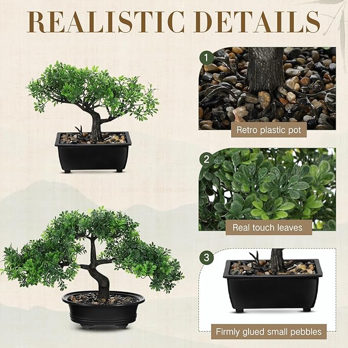 Jexine 4 Pack Artificial Bonsai Tree, Indoor Small Fake Plants in Pots for Home Table Office Desk Bathroom Shelf Bookshelf Bedroom Living Room Farmhouse Decorations-VerdiqueGarden