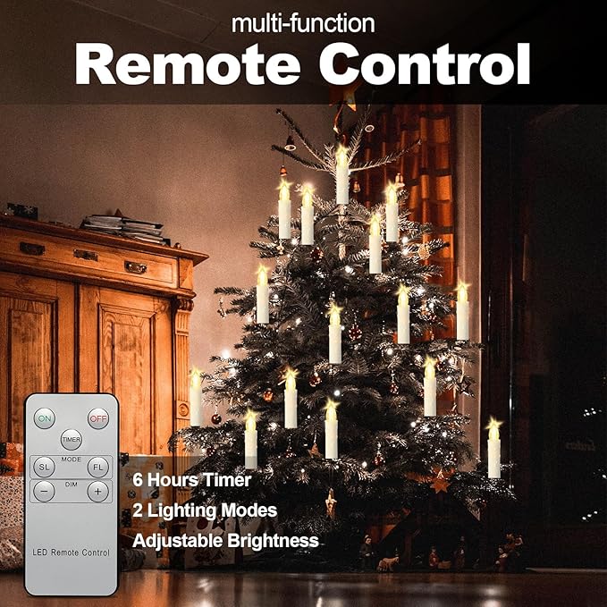 LED Christmas Candles, Flickering Clip on Candles for Christmas Tree, Battery Operated with Remote Timer, Warm White Light, Flameless Taper Candles for Home Christmas Decor, Set of 20-VerdiqueGarden