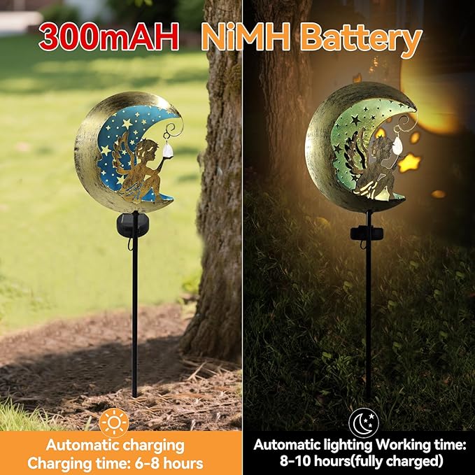 Solar Angel Moon Garden Stake Light – Outdoor Metal Yard Decoration with Crystal Pendant, Waterproof LED Light for Patio, Pathway, Lawn – Rustic Gold & Blue-VerdiqueGarden