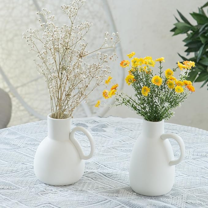 White Ceramic Vase Set - 2 Small Vases with Handle, Pottery Vases for Modern Home Decor, Minimalist Matte Pitcher for Fowers, Decorative Clay Vase Centerpiece Dining Table Decorations-VerdiqueGarden