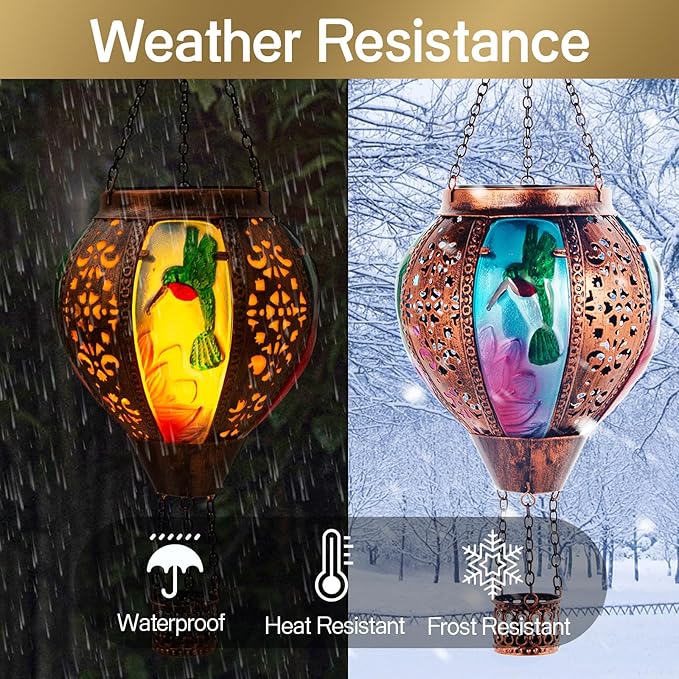 Hot Air Balloon Solar Lantern Hummingbird Lights, Flickering Flame Solar Hanging Lights for Outside,Waterproof for Garden Yard Patio Porch Decoration（Hummingbird）-VerdiqueGarden
