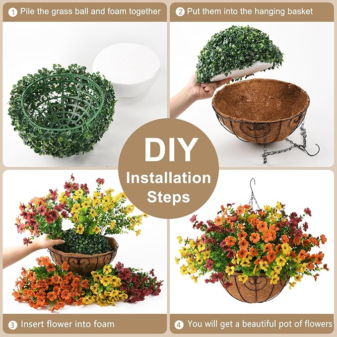 Artificial Fake Hanging Plants Flowers Basket, Faux Silk Daisy in Planter Realistic UV Resistant for Outside Home Patio Balcony Yard Spring Outdoor Decoration (Orange Brown Yellow)-VerdiqueGarden