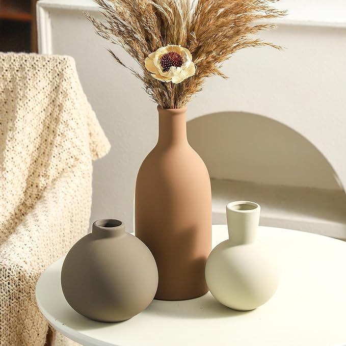 Vase Set of 3 | Ceramic Neutral Vases Home Decor | Rustic Flower Pottery Vases Modern Farmhouse Vase for Table Entryway Mantel Centerpiece Bookshelf Living Room Bathroom Bedroom -Brown Large-VerdiqueGarden