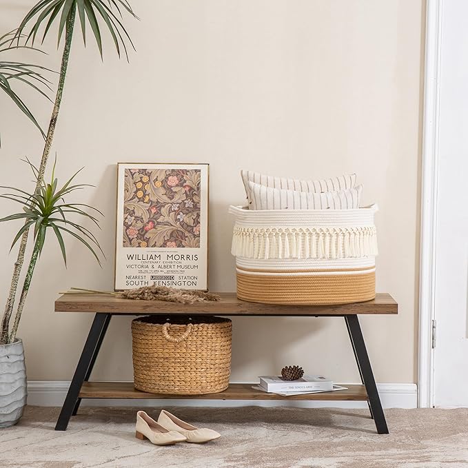 KAKAMAY Large Blanket Basket (20"x13"),Woven Baskets for storage Baby Laundry Hamper, Cotton Rope Blanket Basket for Living Room, Laundry, Nursery, Pillows, Baby Toy chest (Brown Fringe)-VerdiqueGarden