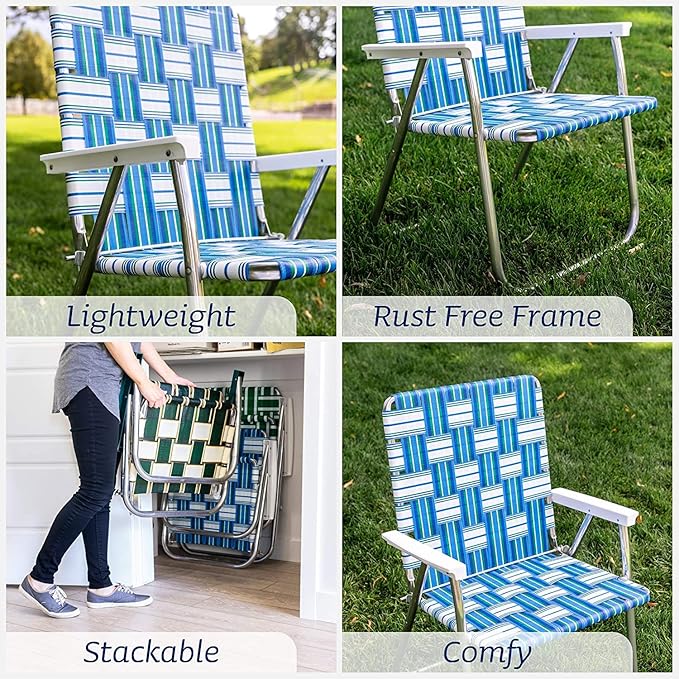 Lawn Chair USA - Outdoor Chairs for Camping. Made with Lightweight Aluminum Frames and UV-Resistant Webbing. Folds for Easy Storage 2- Pack (Sea Island with White Arms, Classic)-VerdiqueGarden