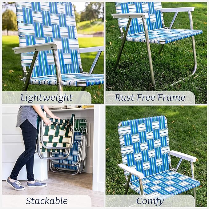 Lawn Chair USA - Outdoor Chairs for Camping. Made with Lightweight Aluminum Frames and UV-Resistant Webbing. Folds for Easy Storage 2- Pack (Sea Island with White Arms, Magnum)-VerdiqueGarden