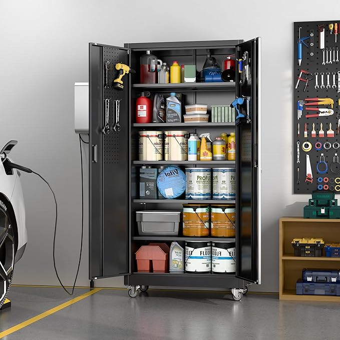 71" H×34" W×18" D Metal Garage Storage Cabinet with Wheels & Pegboard, Lockable Metal Storage Cabinets with 2 Doors&5 Adjustable Shelves for Garage&Home,Assembly Required,Black-VerdiqueGarden