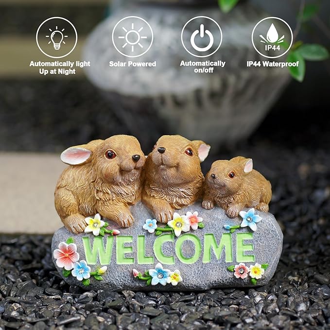 Solar Rabbits with Welcome Sign - Outdoor Bunny Decor with Solar LED Lights - Rabbit Garden Decor & Outdoor Light-Up Gifts for Women, Moms or Birthdays-VerdiqueGarden