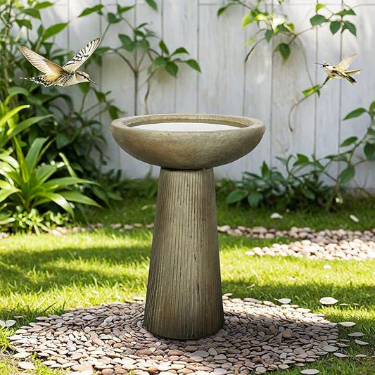 SunJet 24.4inches Tall Fiber-Reinforced Concrete Bird Bath - Modern Minimalist Style Outdoor Birdbaths & Feeder Combo for Outdoors Patio Garden Yard Lawn Decor-VerdiqueGarden