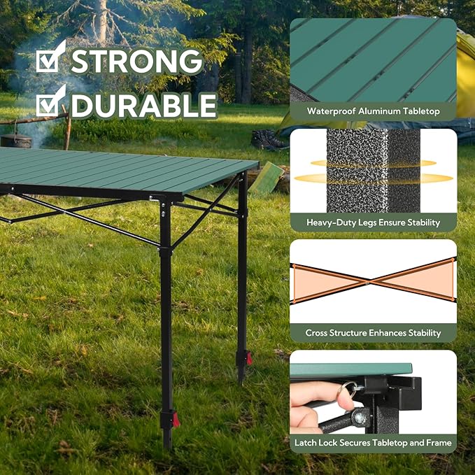 Portable Outdoor Adjustable Height Camping Table, Large for 2-6 Person, Foldable Roll-up Aluminum Camp Table with Carry Bag for Picnic, Camp, Sturdy, Stable, Loads 220 Lbs (Green)-VerdiqueGarden
