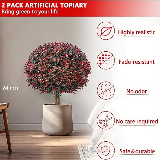 Fall Artificial Boxwood Topiary Ball Tree Bushes with Ground Spike, Set of 2 Outdoor Faux Shrub Topiary Ball, 24" UV Resistant Fake Boxwood Plants for Potted Planter,Indoor,Autumn-VerdiqueGarden