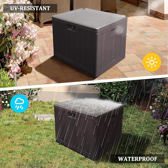 Premium Pro Edition 35 Gallon Lockable Resin Deck Box, Waterproof & UV-Resistant Outdoor Storage Box for Outdoor Storage, Garden Tools & Pool Accessories Storage, Brown-VerdiqueGarden