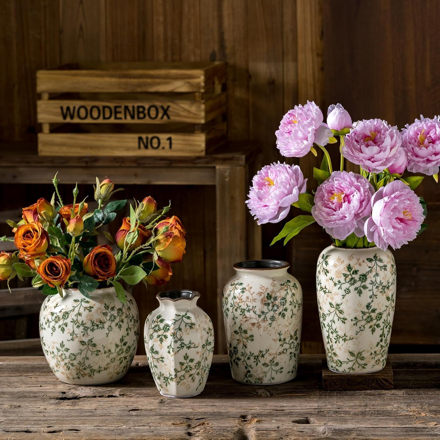 Vintage Pastoral Green and Beige Vase, Round Ceramic Floral Vases, Retro Ice Cracked Chinoiserie Vase for Home Decor, Living Room, Bookshelf, Office, Rustic Table Centerpiece 7.8 Inch-VerdiqueGarden