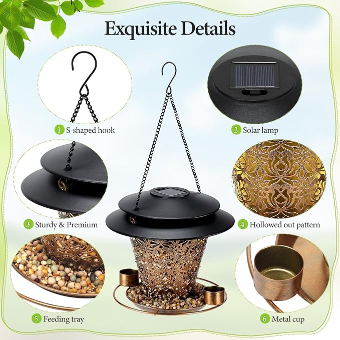 Solar Bird Feeders for Outside Hanging Metal Wild Bird Feeder Solar Lanterns Outdoor Waterproof Garden Decor for Yard Brown-VerdiqueGarden