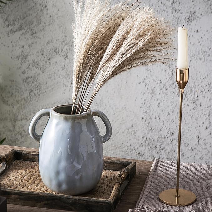 Kimdio Ceramic Vase with 2 Handles, Modern Farmhouse Grey Vase for Home Decor, Rustic Pottery Vase, Boho Decorative Terracotta for Flowers, Clay Pampas Grass Vases for Living Room Dining Table Shelves-VerdiqueGarden