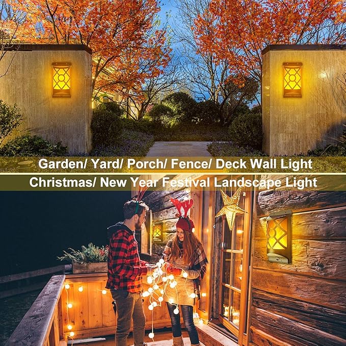 Solar Flame Lights Outdoor, Realistic 3D Flickering Flames with 66 Ultra-Bright LEDs - Waterproof Wall Mount Lanterns for Deck, Fence, Patio, Garden, Auto On/Off (4-Pack Value Set)-VerdiqueGarden