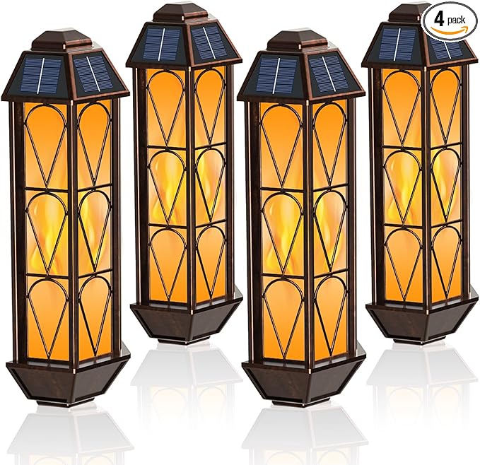 KINGLEAD 4 Pack Flickering Flame Solar Wall Lights - Outdoor Waterproof, Sensor with 2 Lighting Modes, Vintage for House Garden Porch Backyard Patio-VerdiqueGarden