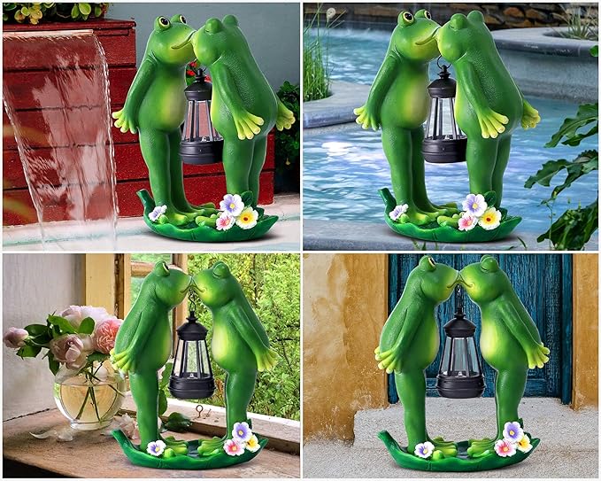 Solar Frogs Statue for Easter Garden Decor Solar Lantern LED Outdoor Decoration Figurines for Porch Patio,Yard,Lawn - Frog Gifts for Women Mom Grandma Wife (Kiss Frog)-VerdiqueGarden