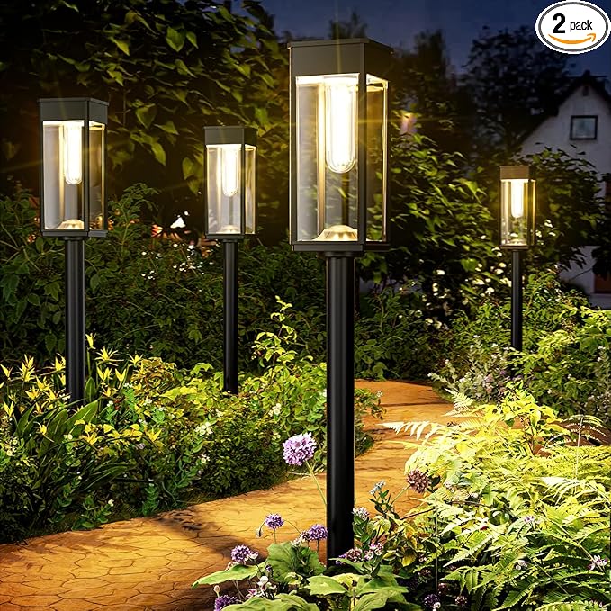 Solar Pathway Lights Outdoor, 2 Pack Bright Solar Lights Outdoor, IP65 Waterproof Solar Garden Lights, Solar Powered Landscape Lighting for Yard Patio Walkway Driveway Pathway (Warm White)-VerdiqueGarden