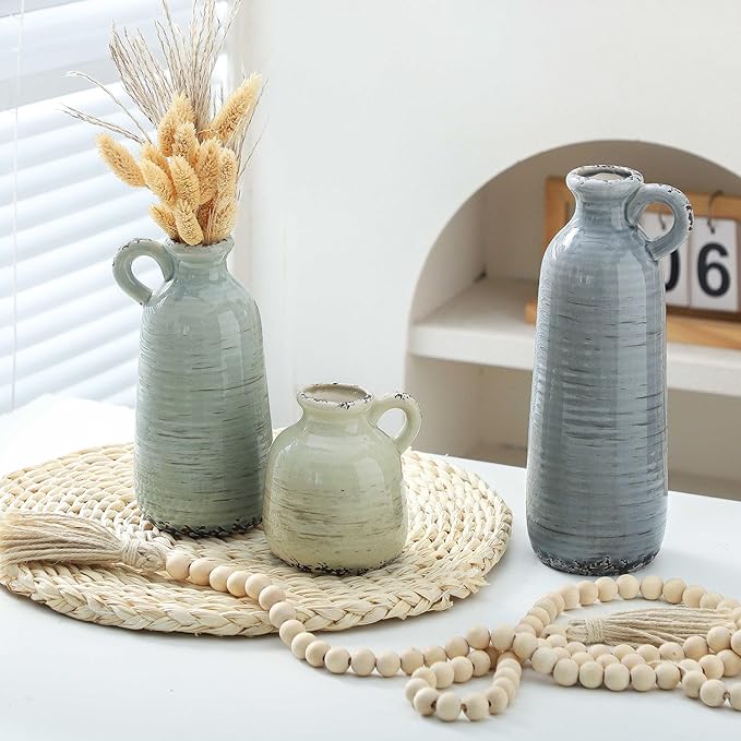 Ceramic Vase Set of 3 | Neutral Vase Home Decor with Handle | Pottery Modern Farmhouse Vases Pampas Grass Flower Vases for Home Decor Table Living Room Centerpieces Mantel Decor - Multicolor-VerdiqueGarden