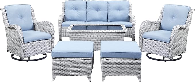 Wicker Outdoor Furniture Patio Furniture Set - 6 Piece Patio Conversation Set with Swivel Rocker Chairs, Rattan Sofa, Ottomans and Coffee Table, Baby Blue Cushion-VerdiqueGarden