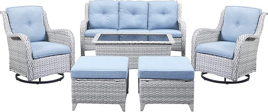 Wicker Outdoor Furniture Patio Furniture Set - 6 Piece Patio Conversation Set with Swivel Rocker Chairs, Rattan Sofa, Ottomans and Coffee Table, Baby Blue Cushion-VerdiqueGarden