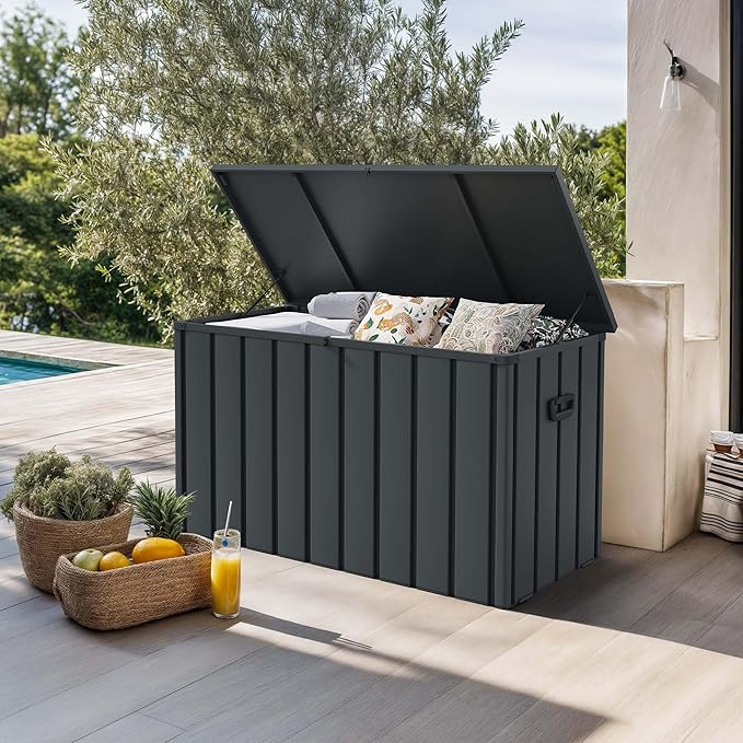 PURPLE LEAF Outdoor Deck Box 120 Gallon Waterproof Lockable Storage Box Container with Lid Deck Organization for Patio Cushions Side Table Pool Accessories Garden Tools, Gray-VerdiqueGarden