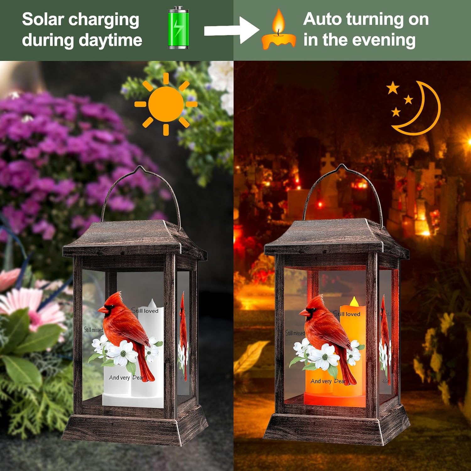 Solar Lanterns Outdoor Hanging Lanterns, Metal with Glass Cardinal Solar Lights, Waterproof Decorative Lantern Garden Decor for Outside Table Patio Yard, Memorial Gifts Grave Decorations for Cemetery-VerdiqueGarden