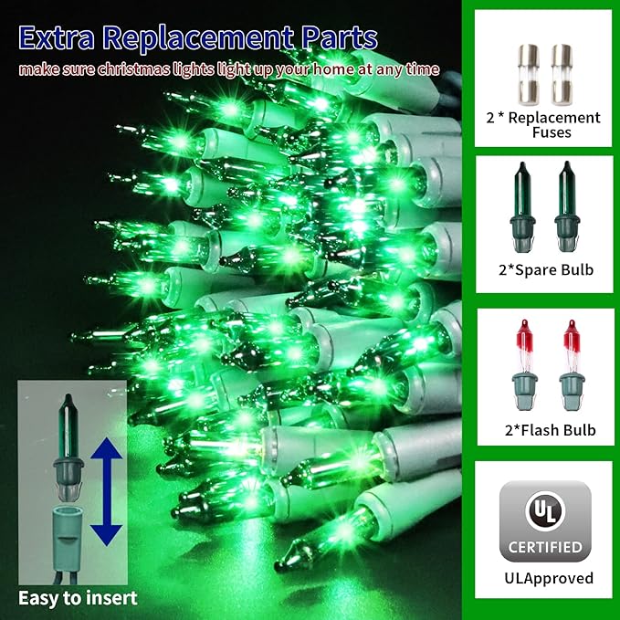 Ultra-Bright Connects End to End Green Christmas Mini Lights 100L 19.6Ft UL Listed Incandescent Bulb String Light Set for Indoor Outdoor Holiday Garden Party Christmas Tree Garland Decor-VerdiqueGarden