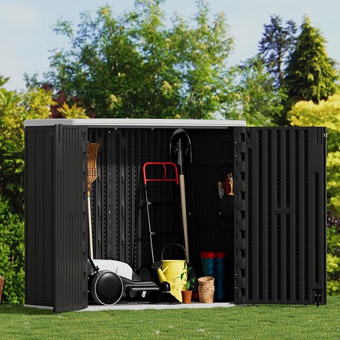 Large Outdoor Storage Box,Resin Sheds&Outdoor Storage Waterproof/Lockable,Outdoor Storage Cabinets for Balcony,Garage,Backyard (37Cu.ft-Black White)-VerdiqueGarden