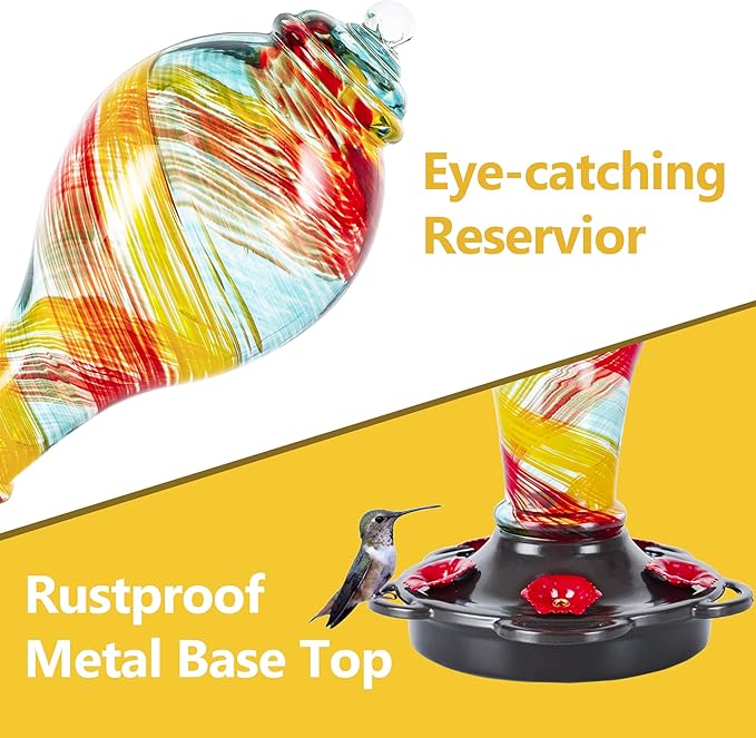 LUJII Hand Blown Glass Hummingbird Feeder for Outdoors Hanging with Ant Moat, 25 fl.oz, Leak Proof & Rustproof, Metal Base with 5 Feeding Ports & 5 Perches, Unique Garden & Backyard Decor (Ribbon)-VerdiqueGarden