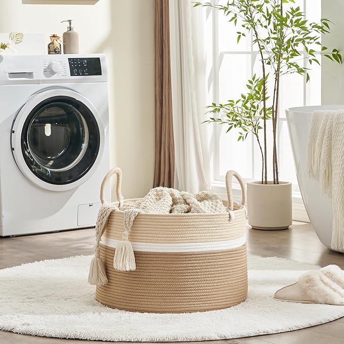 KAKAMAY Large Blanket Basket (20"x13"),Woven Baskets for storage Baby Laundry Hamper, Cotton Rope Blanket Basket for Living Room, Laundry, Nursery, Pillows, Baby Toy chest (White and Brown)-VerdiqueGarden