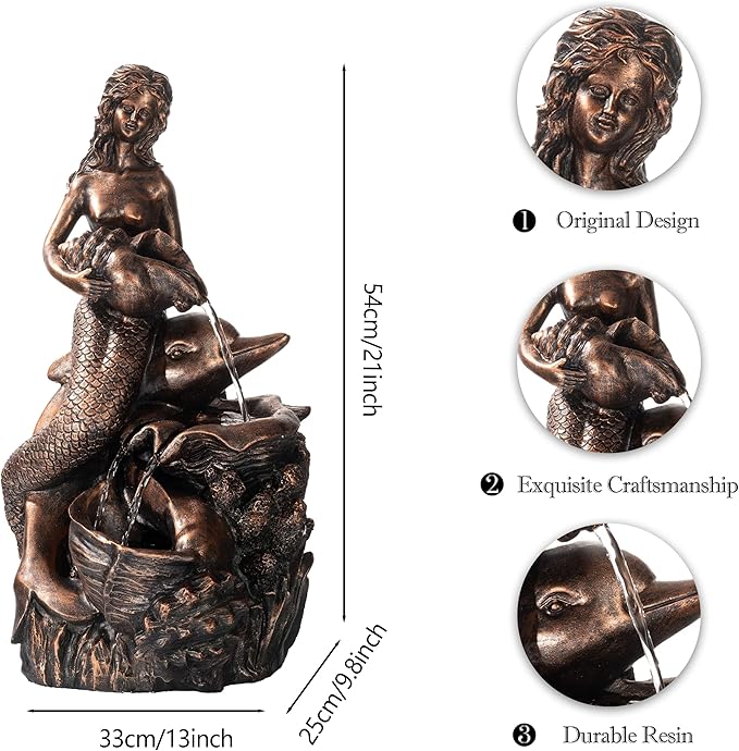 TERESA'S COLLECTIONS Mermaid Water Fountains Outdoor with LED Light Auto Slient Pump, Large Water Features for Yards Patio Garden Balcony Porch, Mermaid Garden Gifts for Mom, 21"-VerdiqueGarden