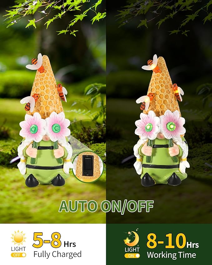 iStatue Solar Garden Gnome Figurine Light with Bees Sunflower, 9.5'' Resin Outdoor Statue for Yard Patio Decor Lawn Ornaments Porch Garden Gifts for Women/Girl (Ms Bee Gnome)-VerdiqueGarden