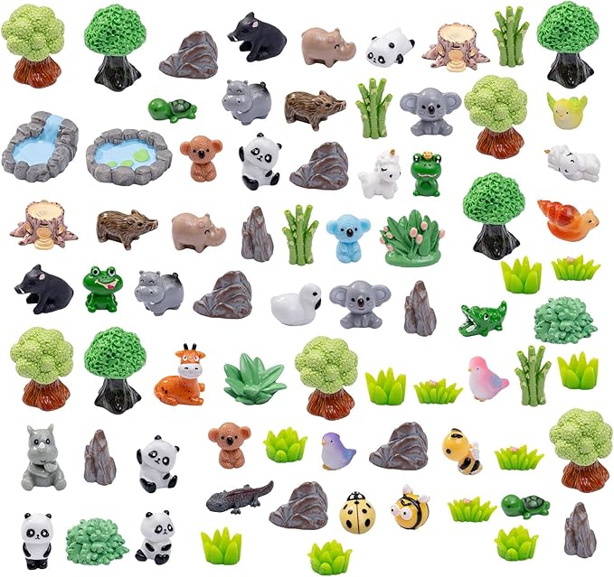 Miniature Small Animal Figurines, 80pcs of Mini Resin Animals, Forest Decoration Ornaments, Miniature Landscape Ornament Sets, Fairy Garden and Dollhouse Accessories-VerdiqueGarden