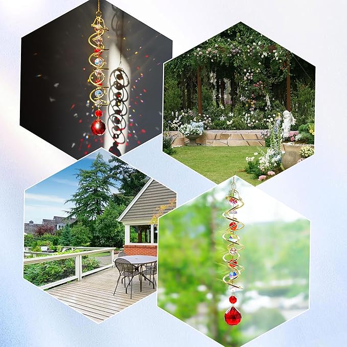 H&D HYALINE & DORA 17.7in Crystal Suncatcher Gazing Ball Spiral Tail,Wind Spinner Sun Catcher with Octagonal Beads,Sun Catchers Window Hanging for Outdoor Garden Decor-VerdiqueGarden