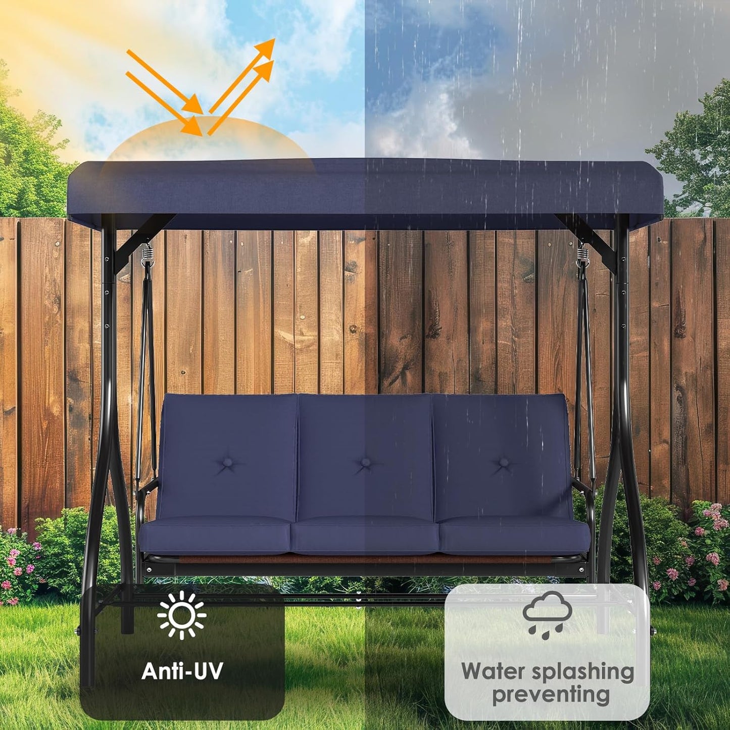 TLSUNNY 3-Seat Outdoor Patio Porch Swing with Adjustable Canopy & Backrest, Convertible Glider Bed with Stand, Removable Seat Cushion, 45° Tilt Adjustment for Backyard, Poolside, Balcony - 750LBS-VerdiqueGarden