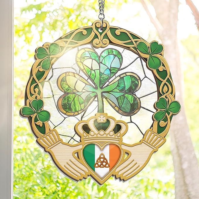 St Patricks Day Decorations - St Patricks Day Accessories, Shamrock Decorations, Irish Gifts for Women Men Friends Family, Shamrock Decorations - Double Layered Hanging Suncatcher 8 in-VerdiqueGarden