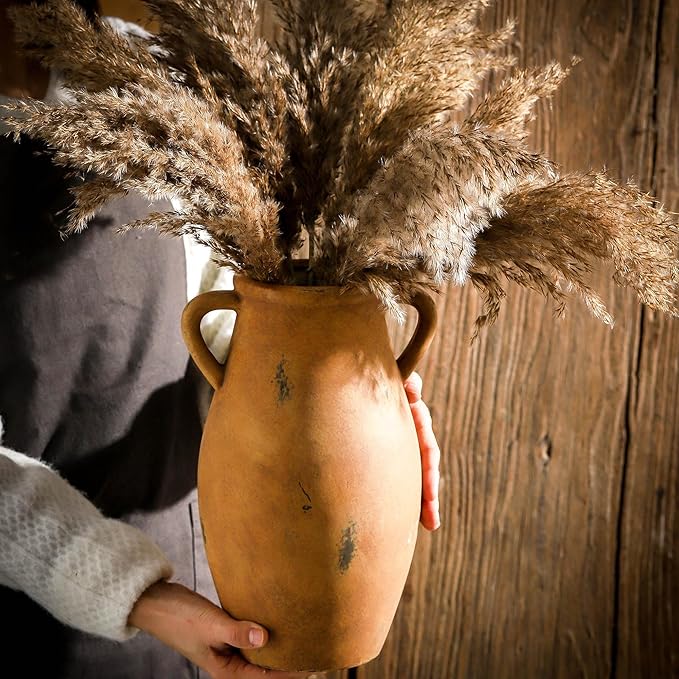 Large Ceramic Flower Vase,11.3 inch Terracotta Vase with 2 Handles, Rustic Farmhouse Vases, Decorative Pottery Flower Vases for Home Decor, Living Room Shelf Decor, Table-VerdiqueGarden