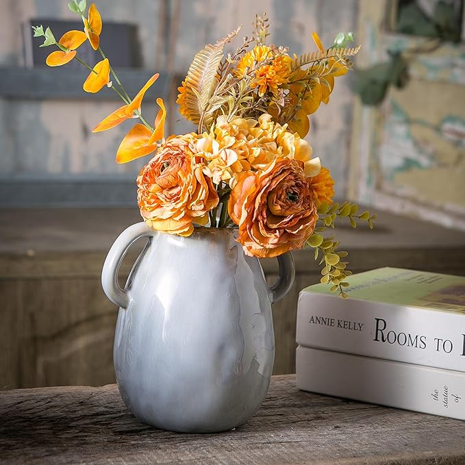 Gray Ceramic Vase with 2 Handles, Modern Farmhouse Decor, Rustic Terracotta Pottery, Decorative Flower Vases, Clay Small Vase, Centerpiece for Dining Table - 7 Inch Tall-VerdiqueGarden