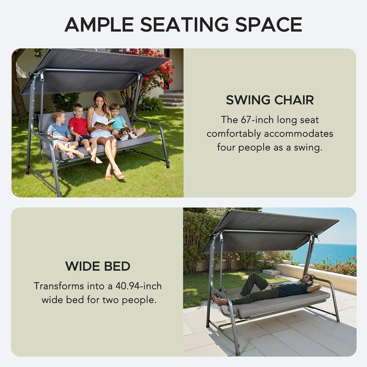 SUNJOY 3-4 Seat Luxury Outdoor Porch Swing, Steel Patio Swing with Elastic Metal Mesh Seat, Convertible Design, Cushion and Adjustable Canopy for Garden, Poolside, Backyard, Grey - Made in Italy-VerdiqueGarden