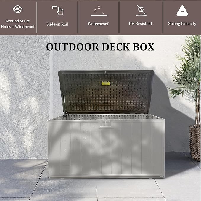 Premium Pro Edition 110 Gallon Lockable Resin Deck Box, Waterproof & UV-Resistant Outdoor Storage Box for Outdoor Cushion Storage, Garden Tools & Pool Accessories Storage, White-VerdiqueGarden