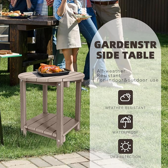 Adirondack Round Outdoor Side Table 2-Tier Storage Patio Side Table, HDPE End Tables for Backyard Pool Porch Garden Lawn (Teak)-VerdiqueGarden