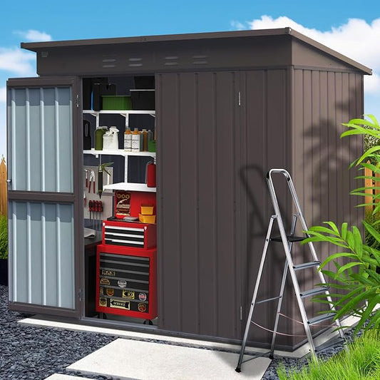 Domi Outdoor Storage Shed 6' x 4.5’, Metal Garden Shed with Galvanized Steel Frame for Bike, Tools, Lawn Mowers, Pool Toys, Outdoor Storage Cabinet with Lockable Door for Garden Lawn Patio (Brown)-VerdiqueGarden