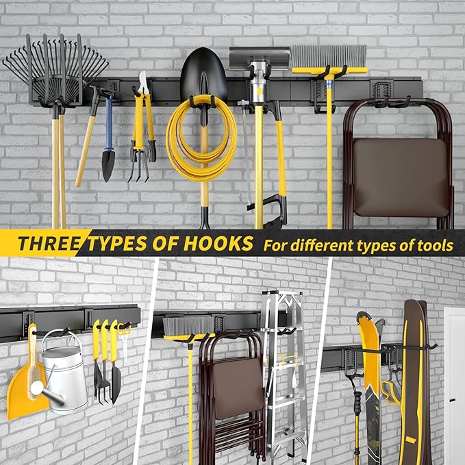 48 Inches Garage Storage, Garage Organization, Wall Mount Garden Tool Organizer, 440lbs Adjustable Heavy Duty Metal Hanging Hooks, Yard Rack Hanger System Shovel Rake Broom Ladder Holder, Men Gift-VerdiqueGarden