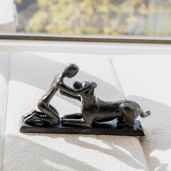 Boy and Dog Statue, Love of Dog Sculpture, Gifts for Dog Lovers, Dog Memorial Gifts for Man and Boy, Cast Iron, Black-VerdiqueGarden