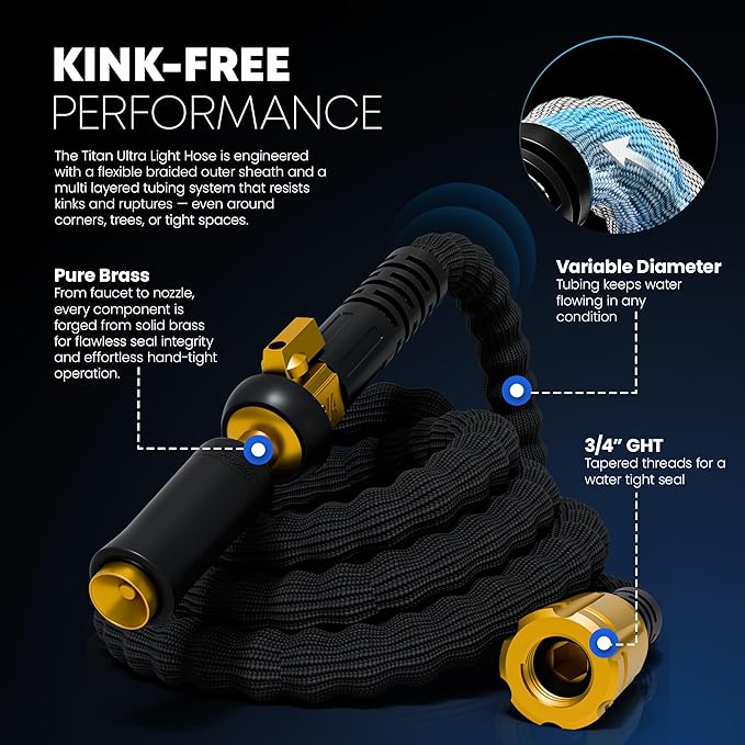 TITAN Flexible Garden Hose 15FT – Ultra Lightweight, Heavy Duty Water Hose with Brass Fittings & Jet Nozzle – Kink-Free, Non-Expanding, Durable Fabric Hose for Yard, Lawn, Car Wash, Outdoor Use-VerdiqueGarden