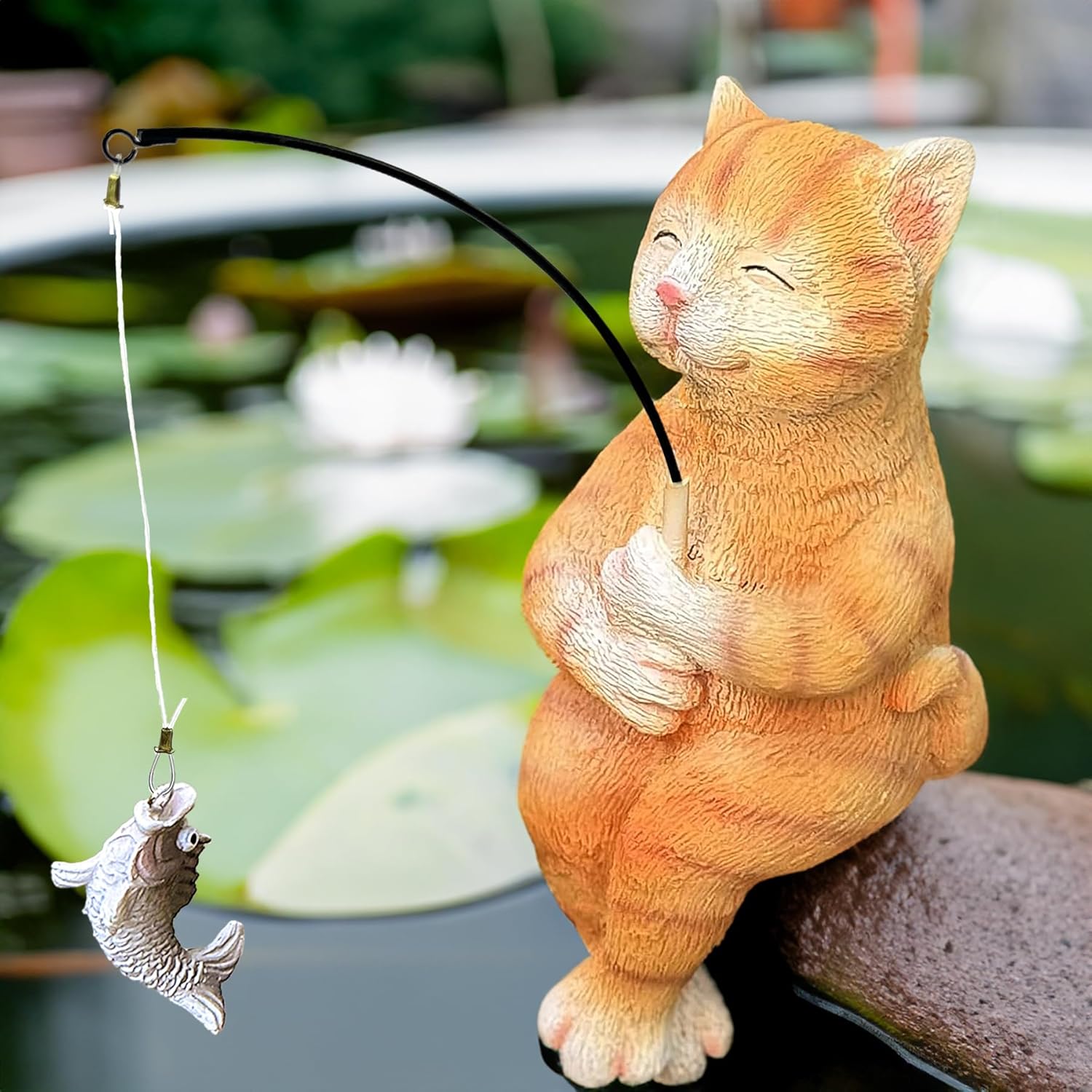Garden Funny Orange Cat Pond Statue - 11" Cat Fishing Poolside Decor, Animals Outdoor Statue-VerdiqueGarden