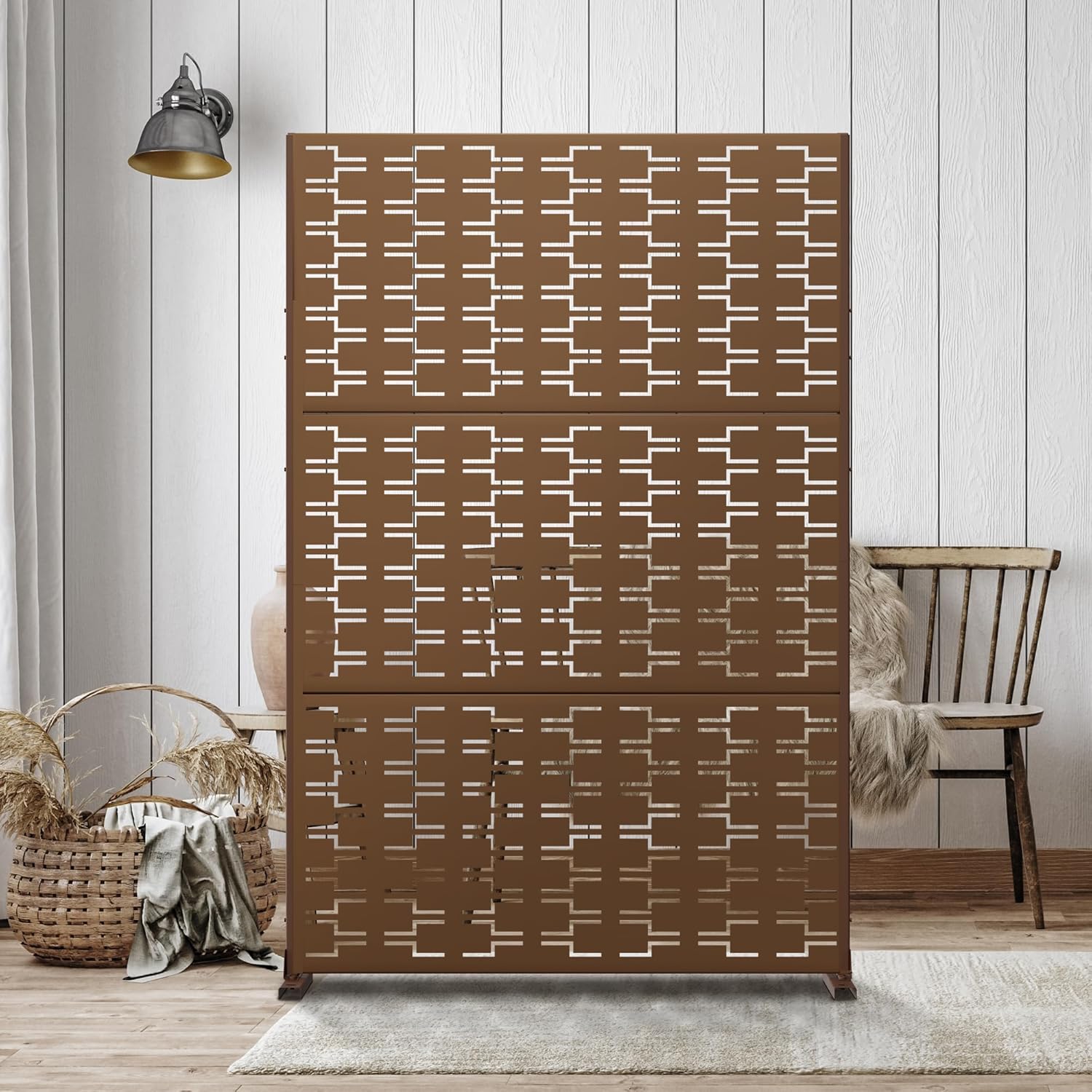 Metal Privacy Screen Outdoor 72" H×47" W,Freestanding Decorative Privacy Screen for Balcony Yard&Garden,Privacy Fence-Brown&Brick-VerdiqueGarden